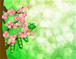 Chinese New Year Green Snake on Cherry Blossom Flowering Tree in Spring with Blurred Bokeh Background Illustration