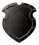 metal shield with house symbol on white background - 3d illustration