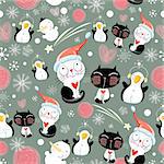 Seamless pattern Noël des pingouins et des chats sur fond vert avec des flocons de neige