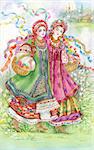 two beautiful young women in traditional Ukrainian costumes  watercolor