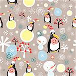 Seamless pattern Noël des pingouins et des bonhommes de neige sur fond brun orné de flocons de neige