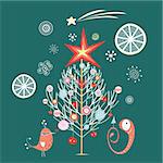 Carte de Noël lumineux avec un arbre et un serpent sur un fond vert foncé avec les flocons de neige