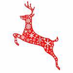 A jumping reindeer in christmas red background and white snowflakes pattern