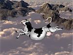Illustration of a cow flying over clouds and mountains