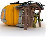 3D Render Schildkröte in Halloween Kürbis Cottage