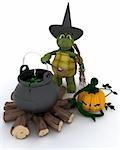 3D render of tortoise witch with cauldron of eyeballs on log fire