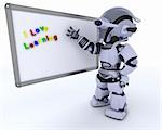 3D render of a Robot with White class room drywipe marker board