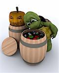 3D render of a tortoise bobbing for apples in a barrel
