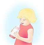 A little blond girl in a red dress     holding a baby bottle.