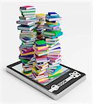 Stacks of ordinary books grow from display