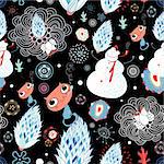 Seamless floral pattern with winter snowman and cats on a black background with snow