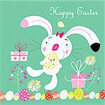 Easter greeting card with rabbit on a green background with eggs