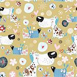 Seamless bright pattern of dog lovers on a dark background with flowers