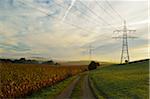 Landstraße laufen zwischen Ackerland und Stromleitung in der Nähe von Villingen-Schwenningen, Baden-Württemberg, Deutschland