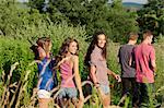 Five friends walking through field