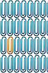 Yellow paper clip standing out from the crowd of blue paper clips over white background