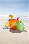Toy Bucket, Rake and Watering Can at the Beach, Cap Ferret, Gironde, Aquitaine, France