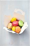 Box of Macarons on Wooden Surface, Arcachon, Gironde, Aquitaine, France