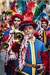 Horn Players in Band, Scoppio del Carro, Explosion of the Cart Festival, Easter Sunday, Florence, Province of Florence, Tuscany, Italy