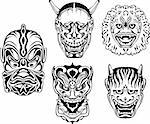 Japanese Demonic Noh Theatrical Masks. Set of black and white vector illustrations.