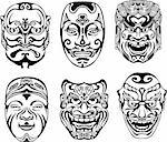 Japanese Nogaku Theatrical Masks. Set of black and white vector illustrations.