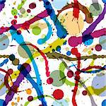 Colorful ink splatters and drops seamless pattern, artistic vector background.