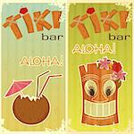retro stickers for Tiki bars, Hawaiian party, two postcards in vintage style with hand drawn text Aloha and Tiki - vector illustration