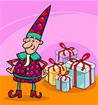 cartoon illustration of elf or gnome with christmas presents