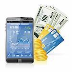 Financial Concept  Make Money on the Internet with Mobile Smart Phone (Stock Market Application), Dollar Bills, Credit Cards and Coins