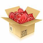 Love Concept - Open Cardboard Box with Hearts, isolated on white, vector illustration