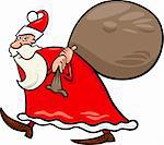 Cartoon Illustration of Santa Claus or Papa Noel with Gifts in Sack for Christmas