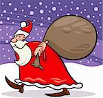 Cartoon Illustration of Christmas Santa Claus or Papa Noel with Presents in Sack against Evening Sky and Snow