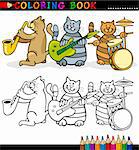 Coloriage livre ou Page Cartoon Illustration de Funny Cats groupe de musique pour enfants