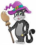 Cartoon cat with Halloween hat - vector illustration.