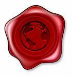 Un sceau de cire à cacheter rouge avec un motif de globe monde gravé dessus