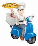 A smartly dressed pizza chef in his chef whites delivering pizza on his moped.
