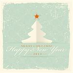 Papier-Weihnachtsbaum mit roten Stern und Label mit dem Wortlaut ""Frohe Weihnachten und Happy New Year"" auf notleidende blass grünem Hintergrund mit filigran Schneeflocke nahtlose Muster.