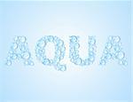 Wassertropfen geformt Wort AQUA auf blauem Hintergrund. Vektor-illustration
