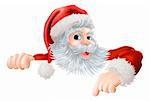 Cartoon illustration of Santa Claus pointing down at Christmas message or sign