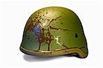 Military or police helmet with blood splattered. Isolated. Clipping path.