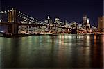 The New York City skyline at twilight w Brooklyn Bridge