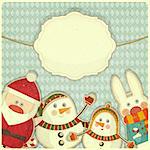 Retro design of Christmas and New Year's card. Santa Claus, snowman and hare on a Vintage background. Vector illustration.