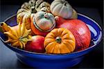 Pumpkins in the bowl on dark background