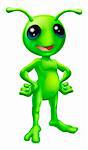 Cartoon green  happy friendly alien standing with his hands on his hips