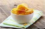 potato chips in a white bowl on a wooden table