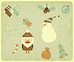 Old Christmas postcard. Santa Claus, snowman and Christmas decorations on a Vintage background. Vector illustration.