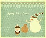 Old Christmas postcard. Santa Claus, snowman and gift bag on a Vintage background. Vector illustration.