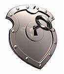 metal shield with keyhole and key on white background - 3d illustration