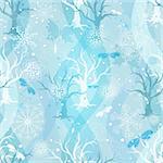 Winter repeating pattern with transparent snowflakes, trees and butterflies (vector EPS 10)