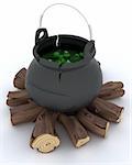 3D render of cauldron of eyeballs on log fire